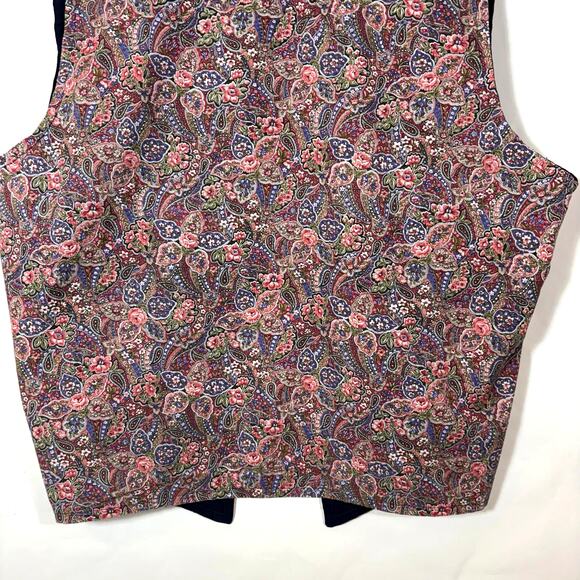 Vintage Pink Rose Vest Floral Print Navy Blue Open Plus Size Handmade Cottage - Picture 8 of 10